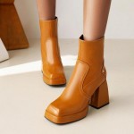 Brown Camel Ankle Chunky Block High Heels Boots Shoes