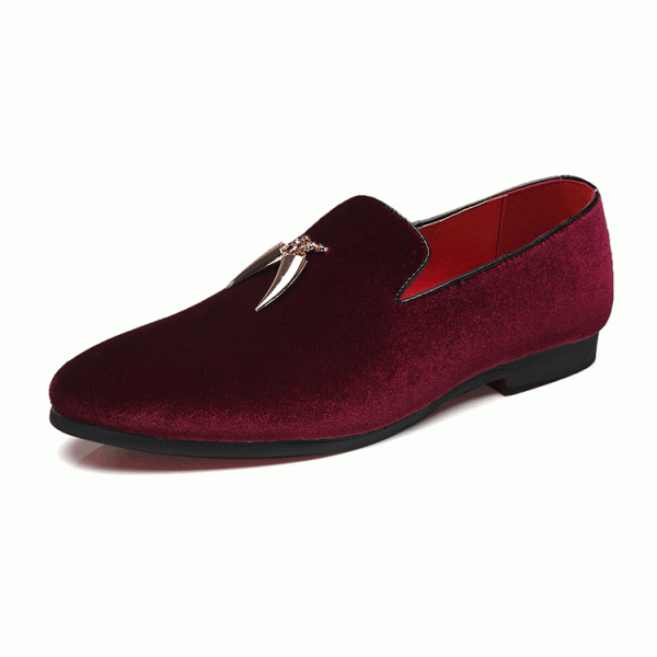 Burgundy Velvet Gold Horn Mens Oxfords Loafers Dress Shoes Flats