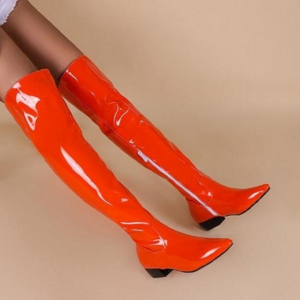 Orange Patent Glossy Pointed Head Long Knee Flats Thigh Boots Shoes