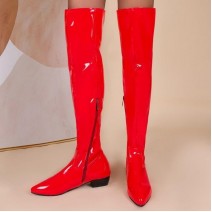 Red Patent Glossy Pointed Head Long Knee Flats Thigh Boots Shoes