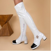 White Black Patent Glossy Flower Long Knee Long Thigh Boots Shoes