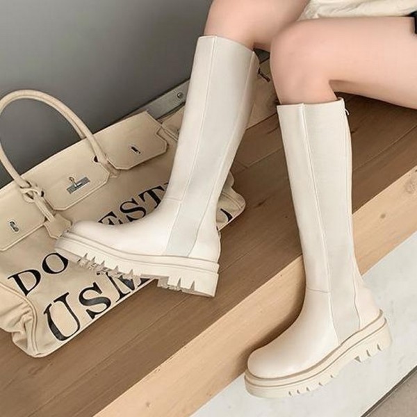 White Cream Chunky Punk Rock Military Long Knee Boots Shoes