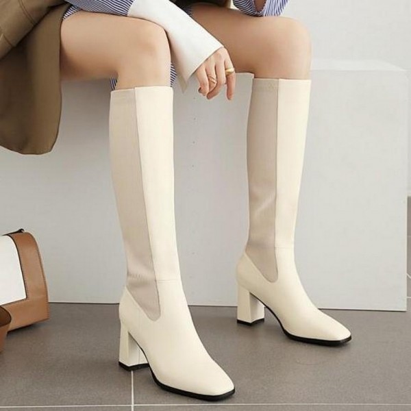 White Cream Fashion Long Knee High Heels Boots Shoes