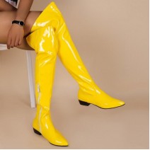 Yellow Patent Glossy Pointed Head Long Knee Flats Thigh Boots Shoes