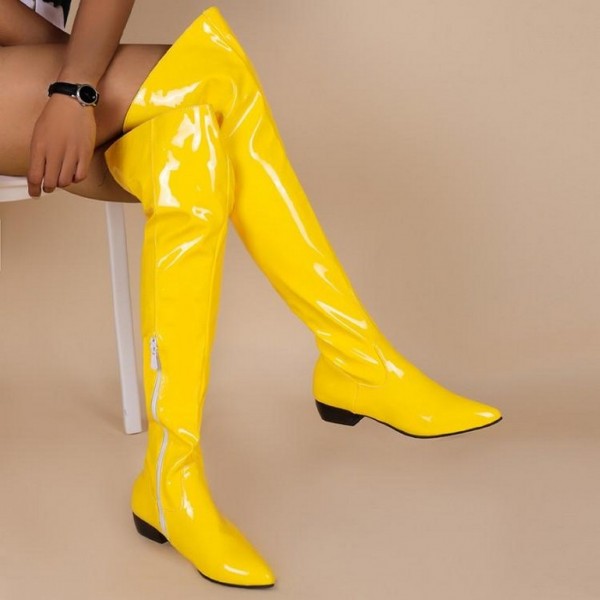Yellow Patent Glossy Pointed Head Long Knee Flats Thigh Boots Shoes