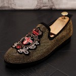 Black Gold Diamantes Embroidered Bee Loafers Dress Flats Shoes