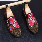 Black Red Flowers Embroidered Gold Studs Loafers Dress Flats Shoes
