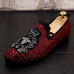 Black Red Diamantes Embroidered Bee Loafers Dress Flats Shoes