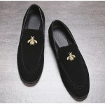 Black Gold Embroidered Bee Dapper Man Loafers Dress Shoes Flats