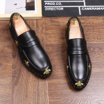 Black Embroidered Studs Gold Bees Loafers Dress Flats Shoes