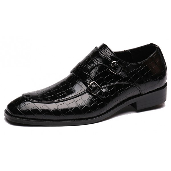 Black Croc Monk Strap Oxfords Loafers Dress Dapper Man Shoes Flats
