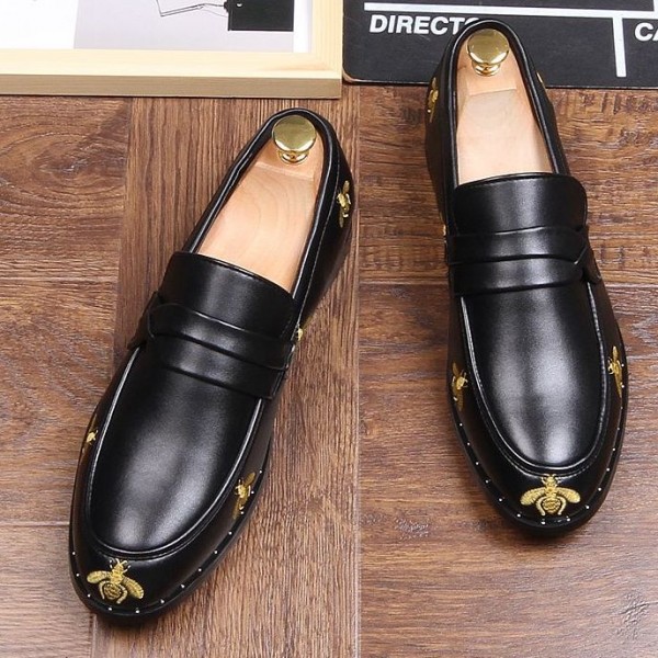 Black Embroidered Studs Gold Bees Loafers Dress Flats Shoes