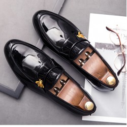 Black Patent Glossy Gold Bee Prom Party Loafers Flats Dress Shoes