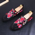 Black Red Flowers Embroidered Diamantes Studs Loafers Dress Flats Shoes