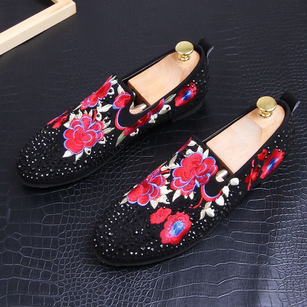 Black Red Flowers Embroidered Diamantes Studs Loafers Dress Flats Shoes