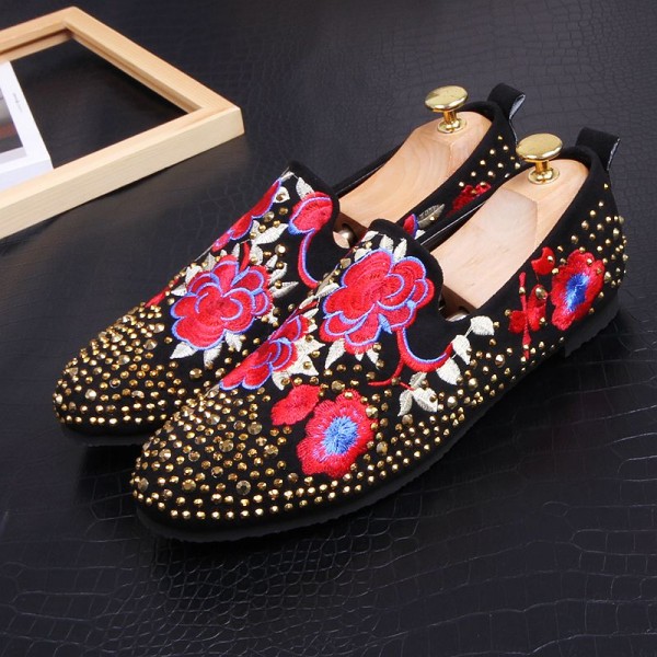 Black Red Flowers Embroidered Gold Studs Loafers Dress Flats Shoes