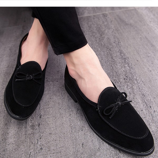 Black Suede Bow Mens Oxfords Loafers Dress Dapper Man Shoes Flats