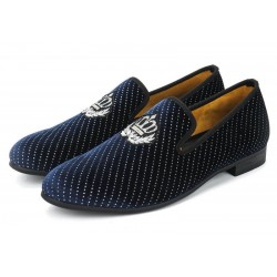 Blue Navy Polkadots Glitters Velvet Loafers Flats Dress Shoes