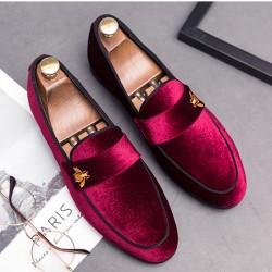 Burgundy Velvet  Gold Bee Prom Party Loafers Flats Dress Shoes