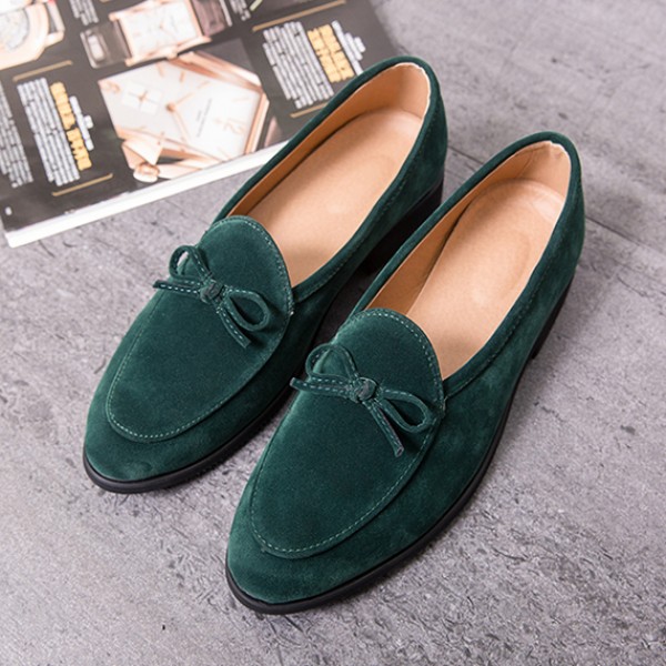 Green Suede Bow Mens Oxfords Loafers Dress Dapper Man Shoes Flats