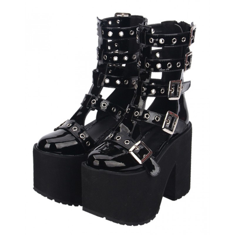 Black Patent Strappy Lolita Platforms Punk Rock Chunky Heels Boots ...