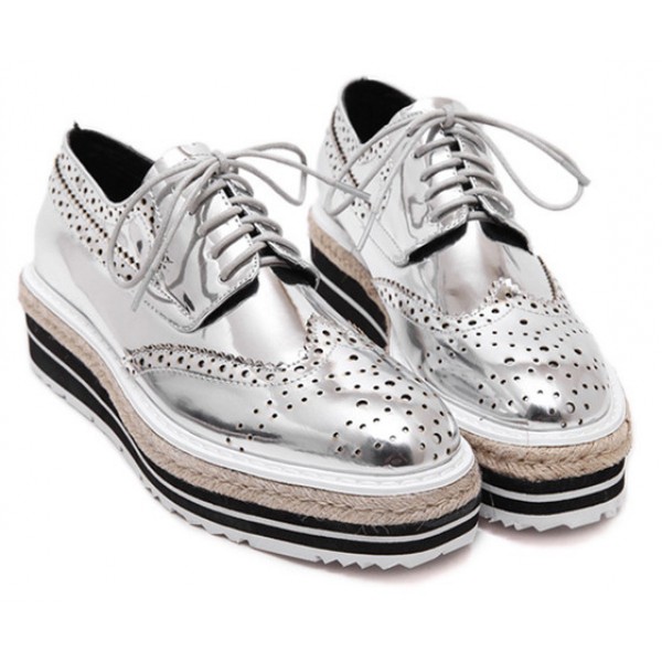 Silver Mirror Patent Leather Lace Up Platforms Wedges Oxfords Sneakers ...