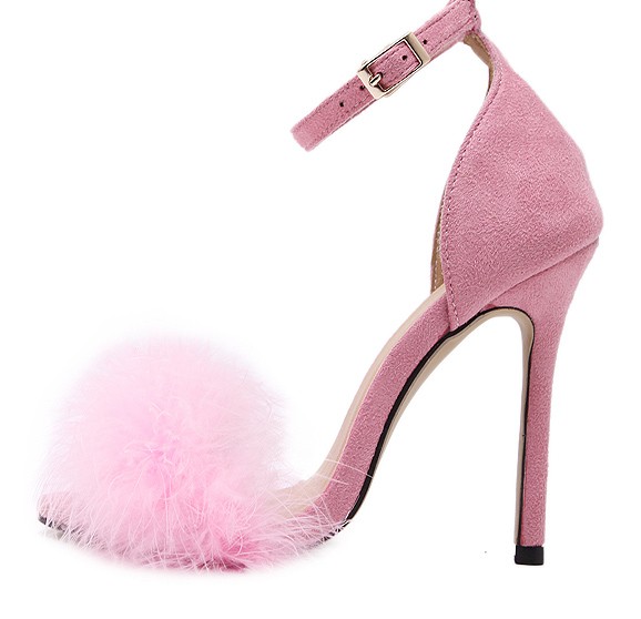 Pink Suede Feather Fur Flurry Sexy High Stiletto Heels Sandals Shoes