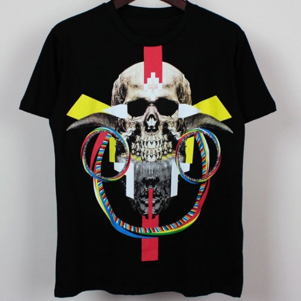 Black Colorful Skull Horn Earrings Round Neck Short Sleeves Funky Mens T-Shirt
