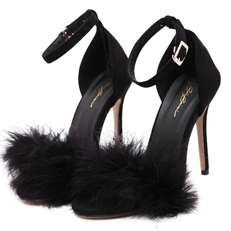 Black Suede Feather Fur Flurry Sexy High Stiletto Heels Sandals Shoes