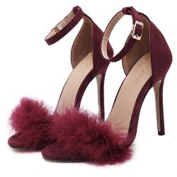Burgundy Suede Feather Fur Flurry Sexy High Stiletto Heels Sandals Shoes