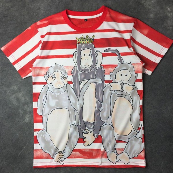 Red White Grey 3 Monkeys Crown Print Round Neck Short Sleeves Funky Mens T-Shirt