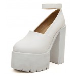 White Chunky Cleated Platforms Sole Block High Heels Shoes
