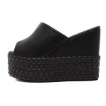 Black Peeptoe Braided Straw Knitted Platforms Wedges Sandals Shoes
