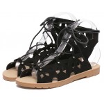 Black Vintage Hollow Out Lace Up Gladiator Roman High Top Sandals Flats Shoes