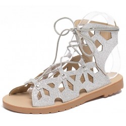 Silver Metallic Hollow Out Lace Up Gladiator Roman High Top Sandals Flats Shoes