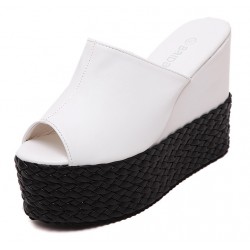 White Peeptoe Braided Straw Knitted Platforms Wedges Sandals Shoes