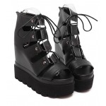 Black Punk Rock Strappy Gladiator Platforms Wedges Sandals Shoes