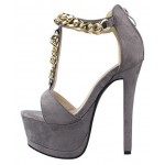 Grey Suede Metal Gold Chain Platforms T Strap Stiletto High Heels Sandals