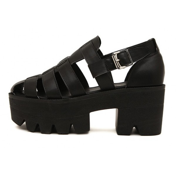 Black Hollow Out Strappy Chunky Sole Heels Gladiator Sandals Shoes