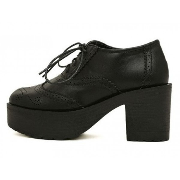 Black Old School Lace Up Oxfords Chunky Heels Creepers Shoes