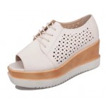 Cream Leather Hollow Out Peep Toe Lace Up Platforms Wedges Oxfords Shoes