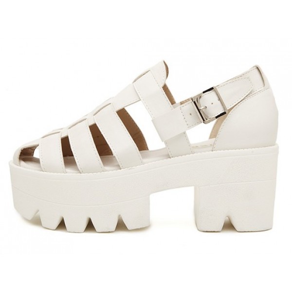 White Hollow Out Strappy Chunky Sole Heels Gladiator Sandals Shoes