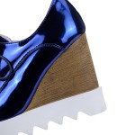 Blue Metallic Shiny Lace Up Platforms Wedges Oxfords Shoes