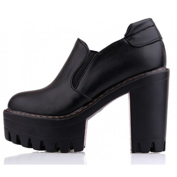 Black Gothic Chunky Sole Block High Heels Platforms Pumps Ankle Boots Shoes