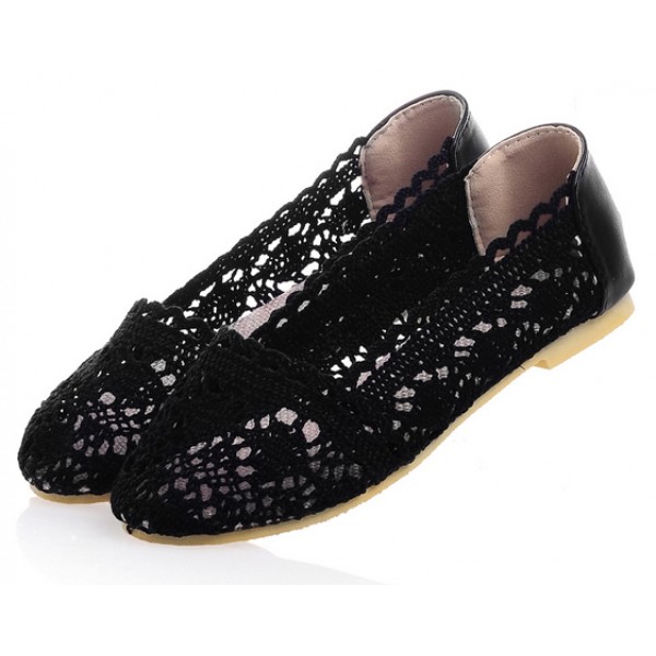 Black Hollow Out Crochet Vintage Ballerina Ballets Casual Loafers Flats Shoes