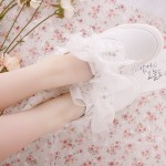 White Lace Flowers Flounce Bridal Bow Lace Up Sneakers Flats Shoes