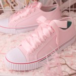Pink White Satin Ribbon Giant Bow Lace Up Sneakers Flats Shoes