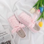 Pink White Flounce Ribbon Giant Bow Lace Up Sneakers Flats Shoes