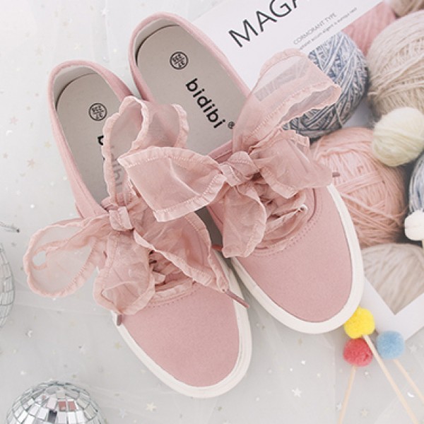 Pink Ribbon Giant Bow Lace Up Sneakers Flats Shoes
