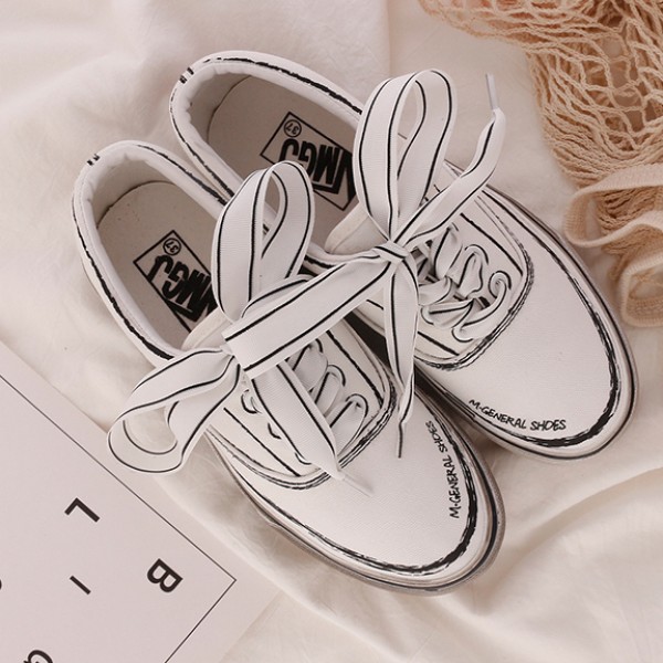 White Comic Thick Bow Lace Up Sneakers Flats Shoes